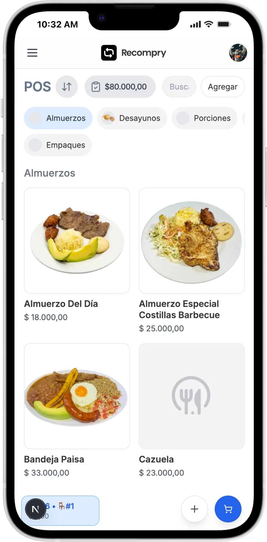 Vista móvil del POS para restaurantes